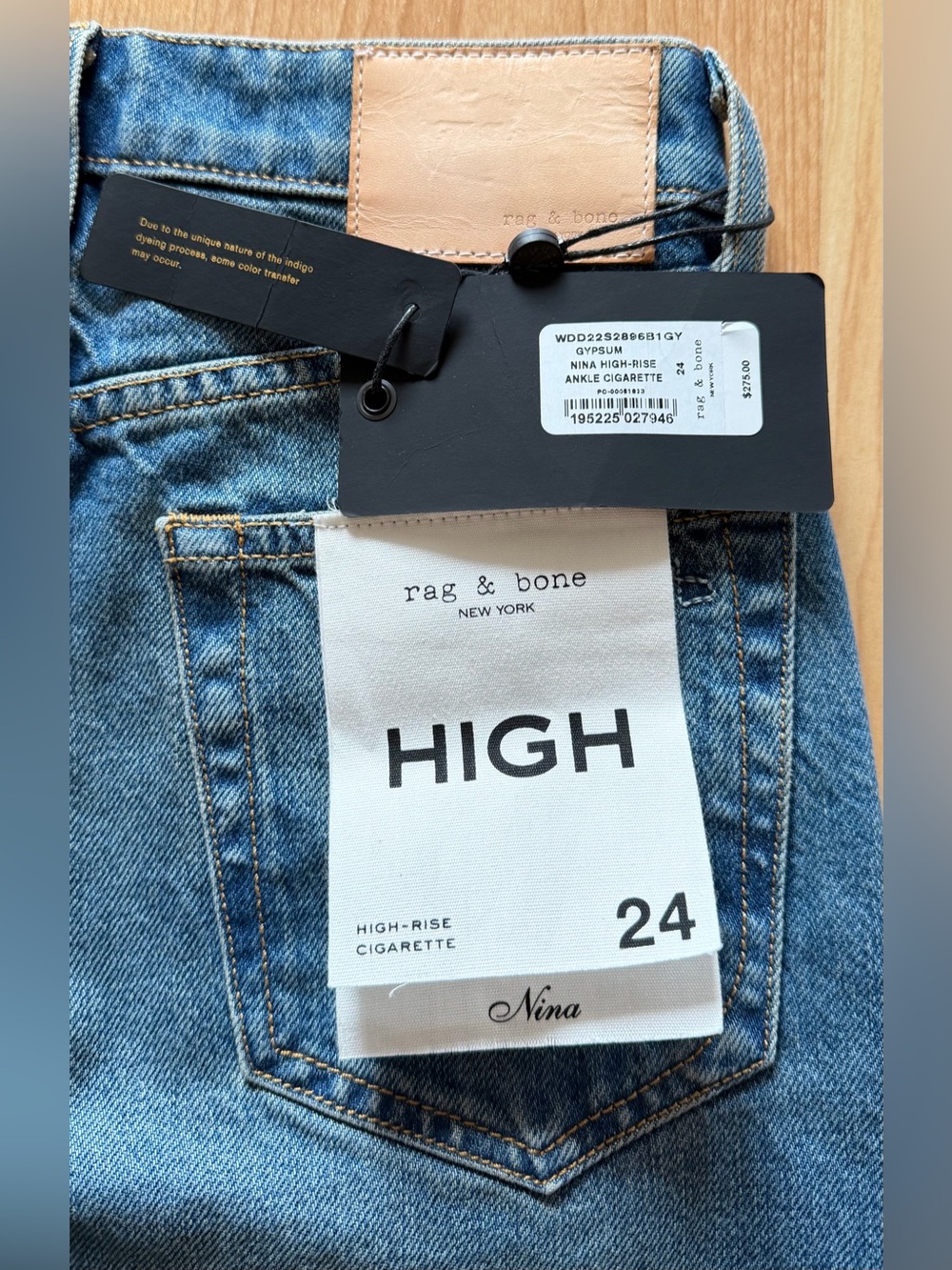 NWT Rag & Bone Nina High Rise Ankle Cigarette Jeans in Gypsum, Size 24
